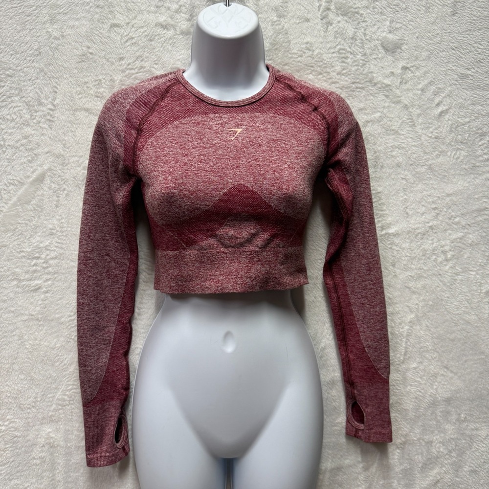 Gymshark Flex Sport Crop Top Women Medium Burgundy Back Cut out Thumbhole Sleeve